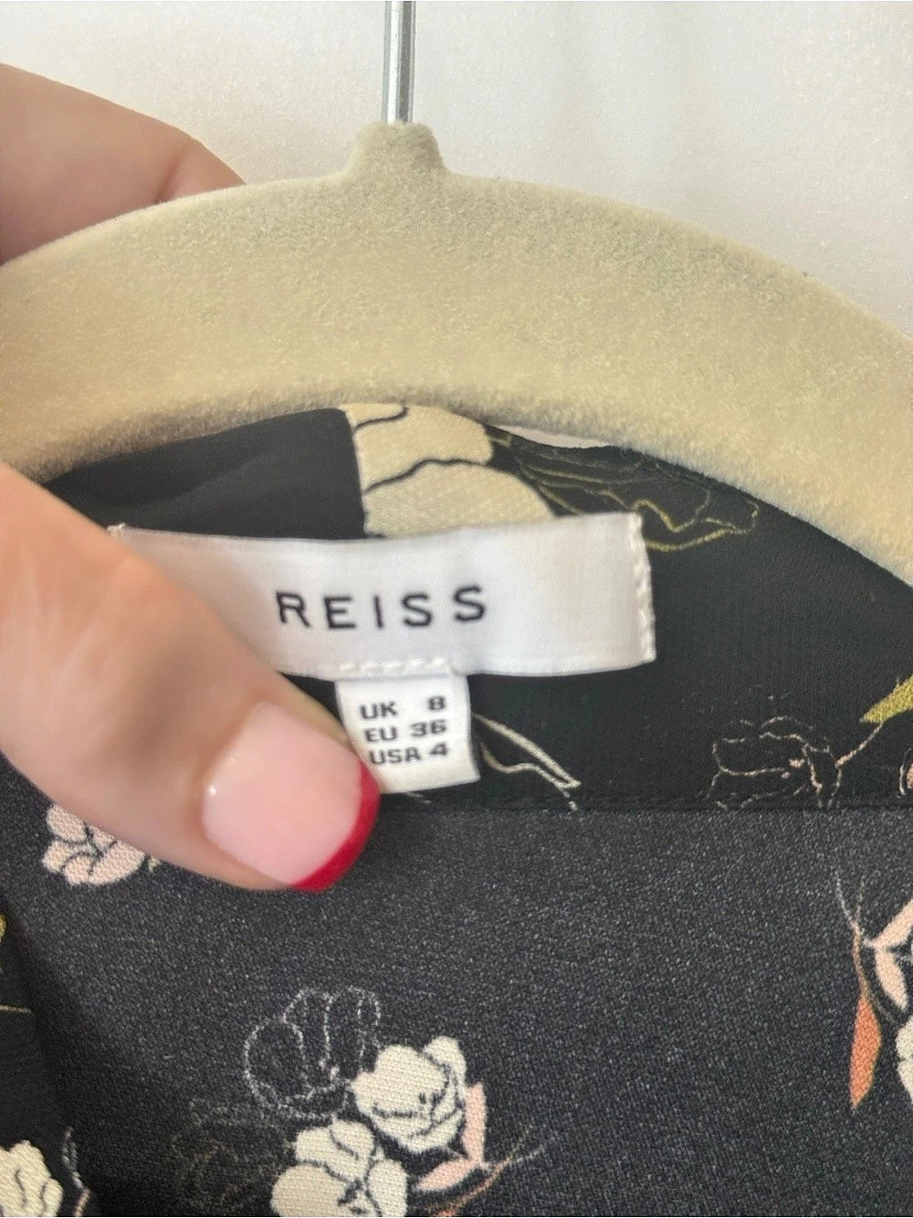 REISS Kennedy Floral-Print Tie-Neck Blouse Black & Peach Sz US 4 - Picture 3 of 8